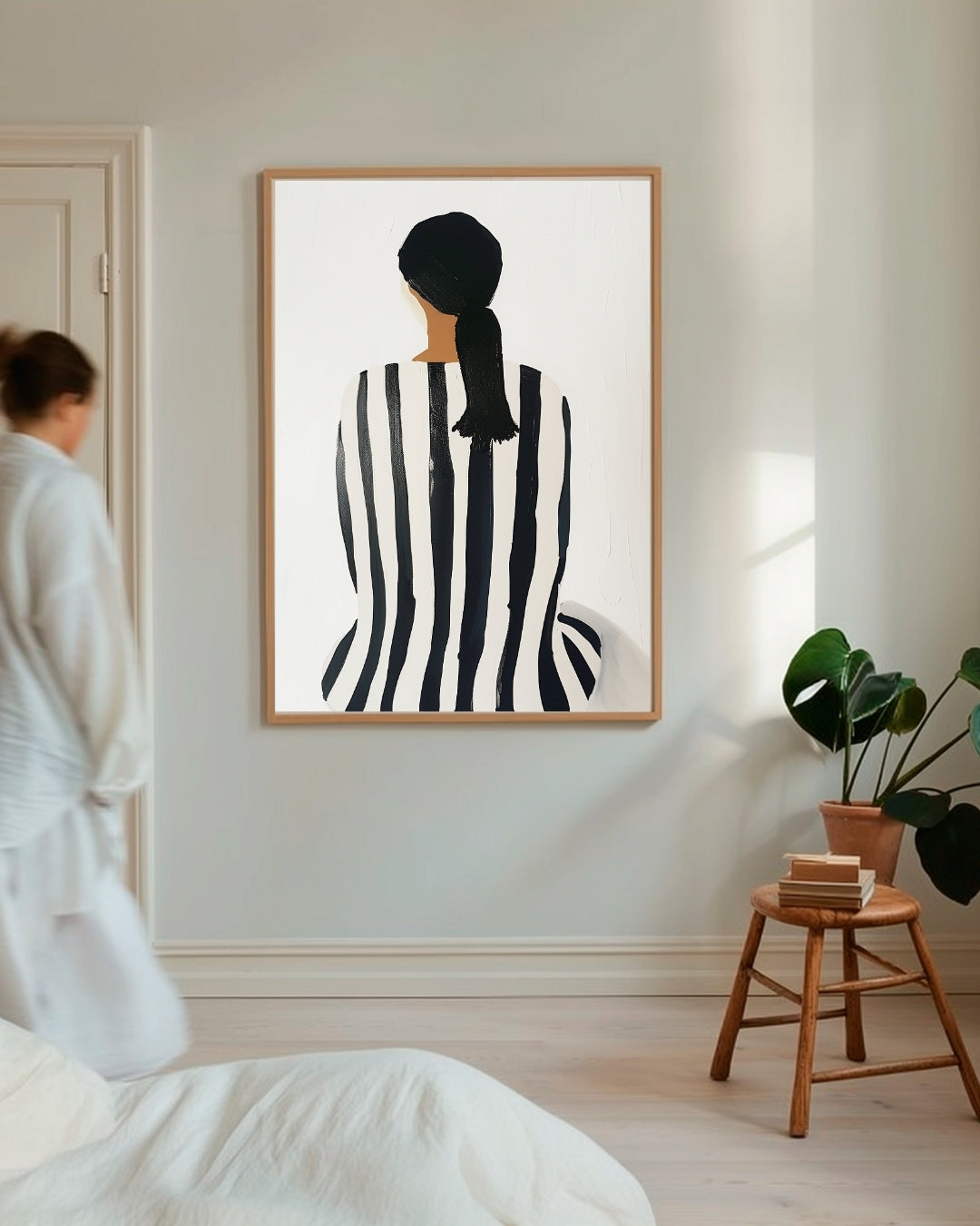 Woman in Black and White Stripes Poster