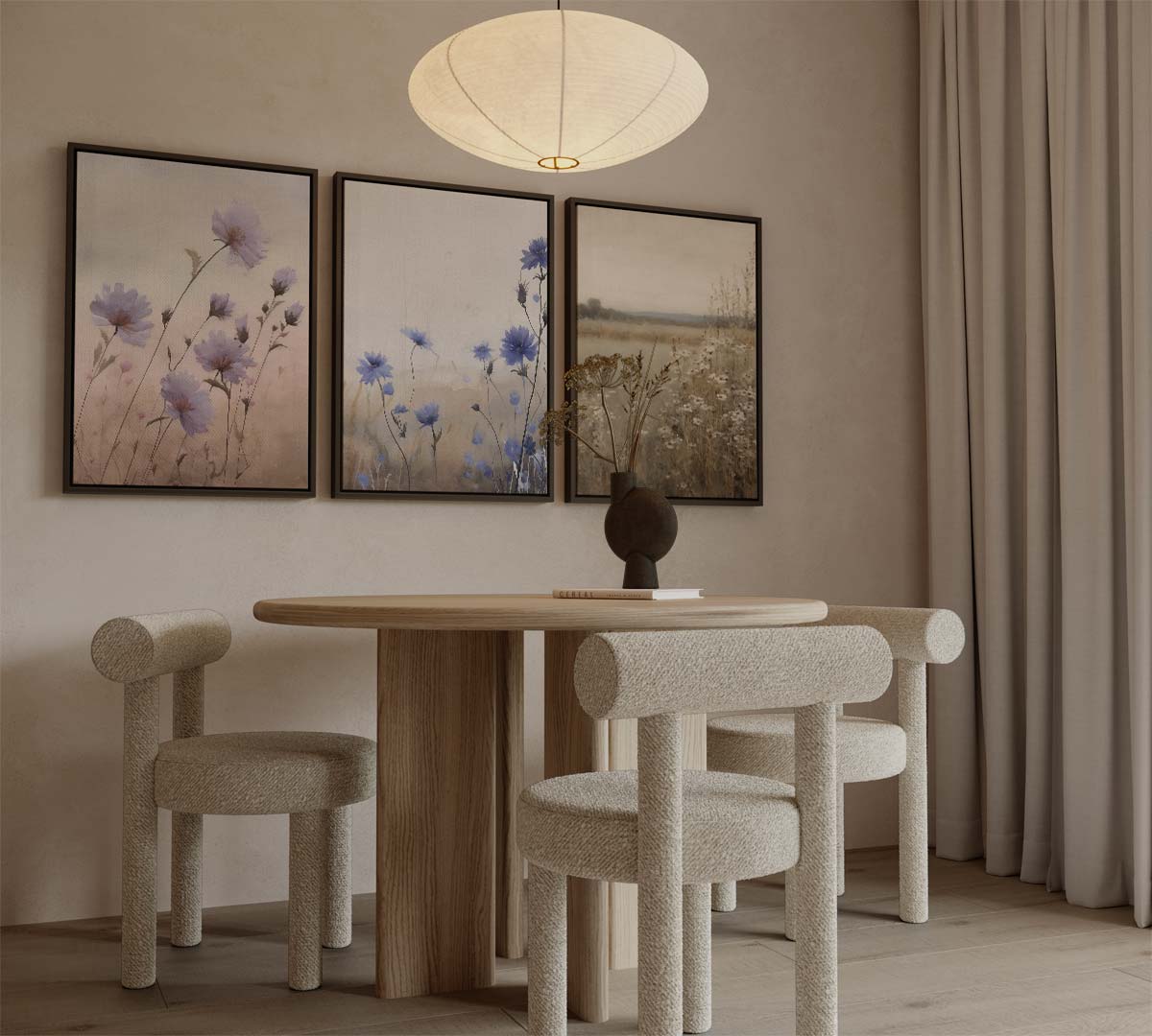 Veld vol bloemen in blauw en beige Kunstwerk-canvas-dibond-plexiglas-wanddecoratie-WallArtistic