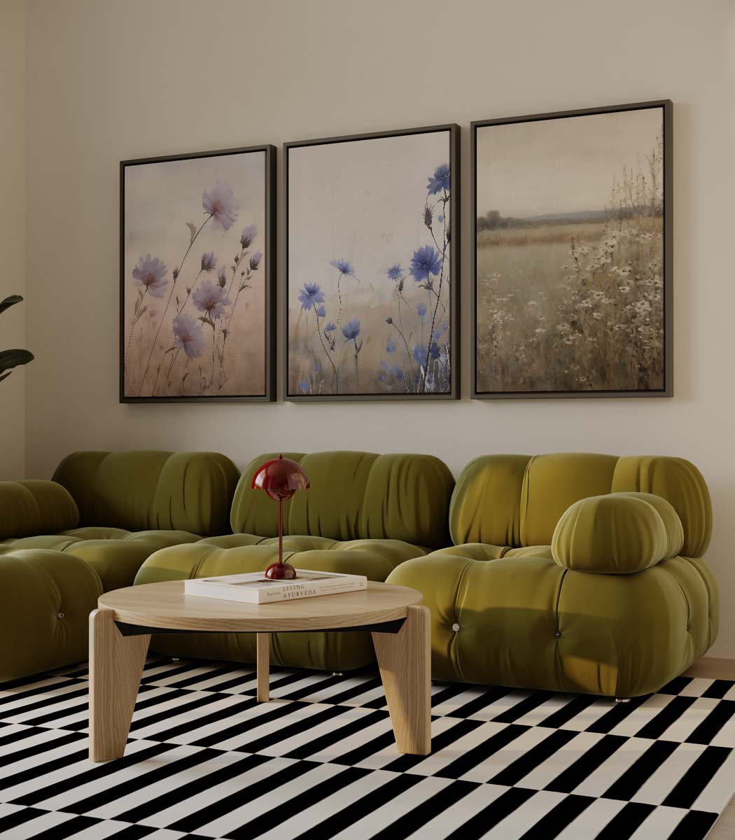 Veld vol bloemen in blauw en beige Kunstwerk-canvas-dibond-plexiglas-wanddecoratie-WallArtistic