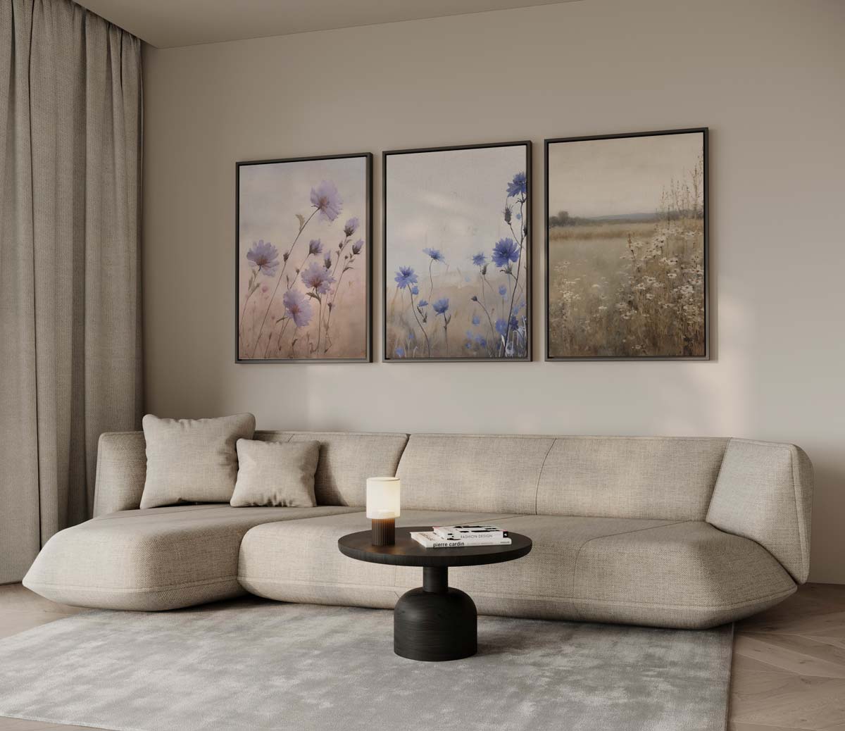Veld vol bloemen in blauw en beige Kunstwerk-canvas-dibond-plexiglas-wanddecoratie-WallArtistic