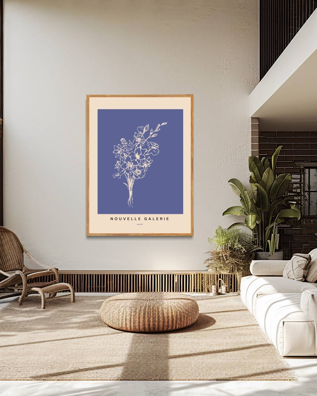 Witte bloemen op blauwe achtergrond Poster