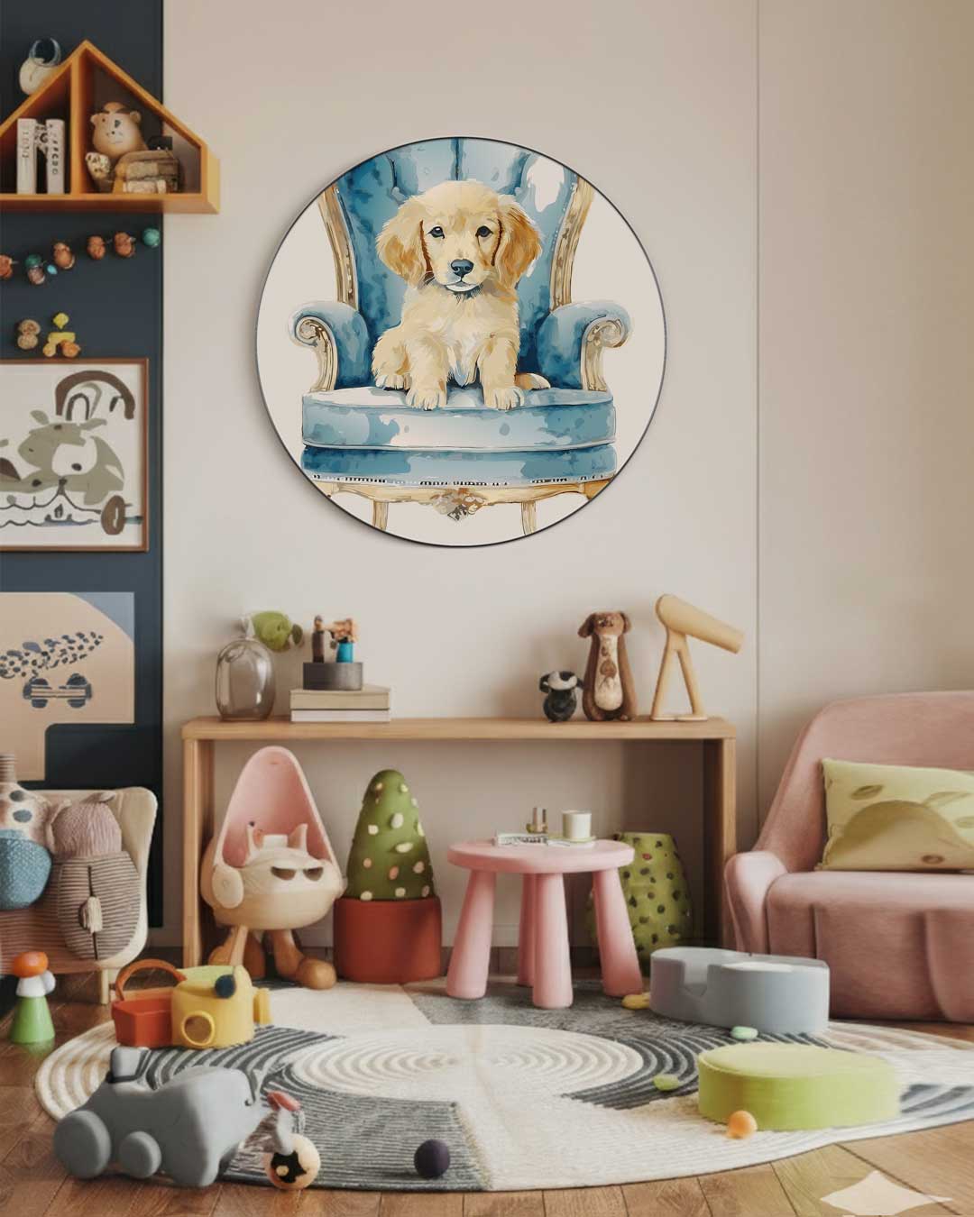 Schattige Puppy op Blauw Barok Stoel Muurcirkel-WallArtistic