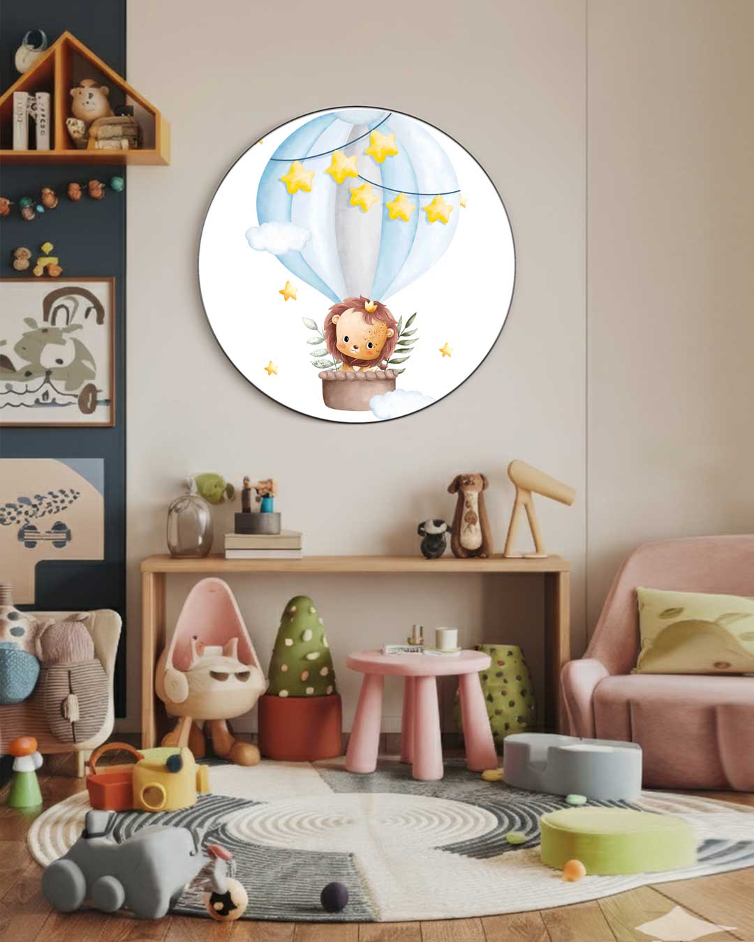 Schattige Leeuw Luchtballon Muurcirkel-WallArtistic