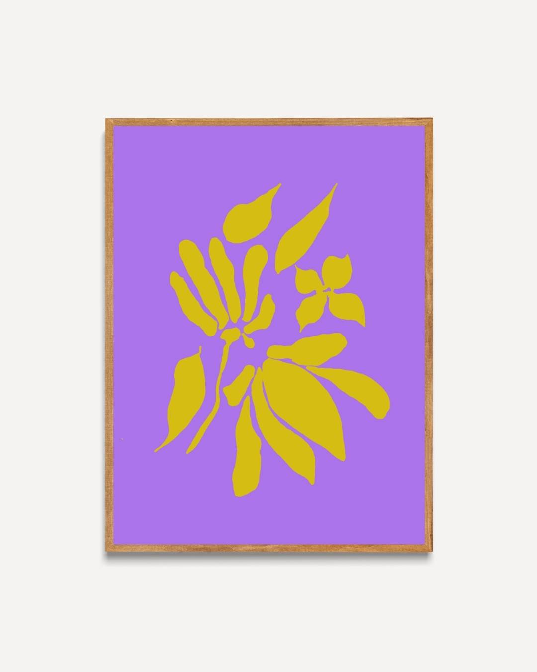 Gele abstracte bloemensilhouet op paarse achtergrond Poster