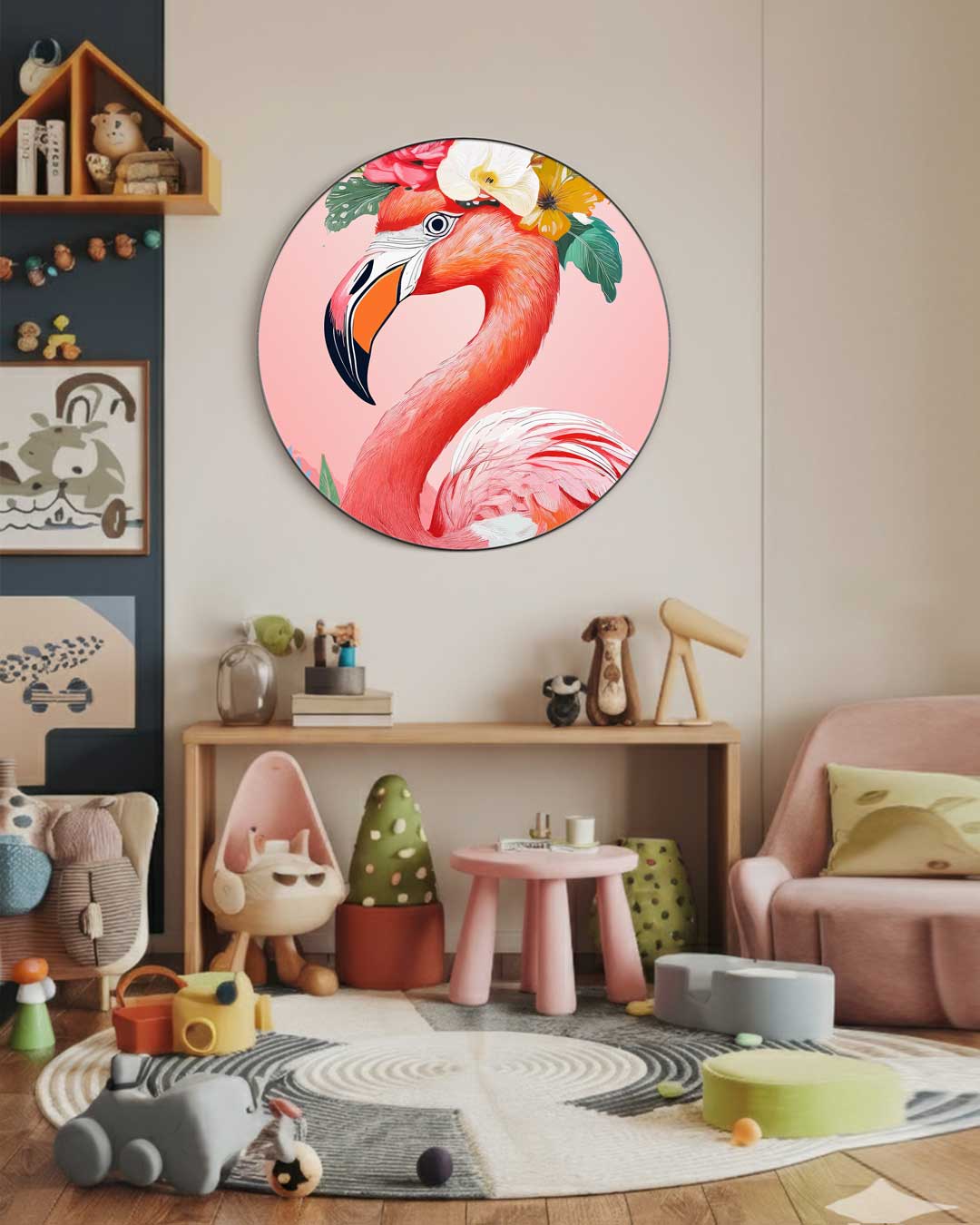 Flamingo Bloemenpracht Muurcirkel-WallArtistic