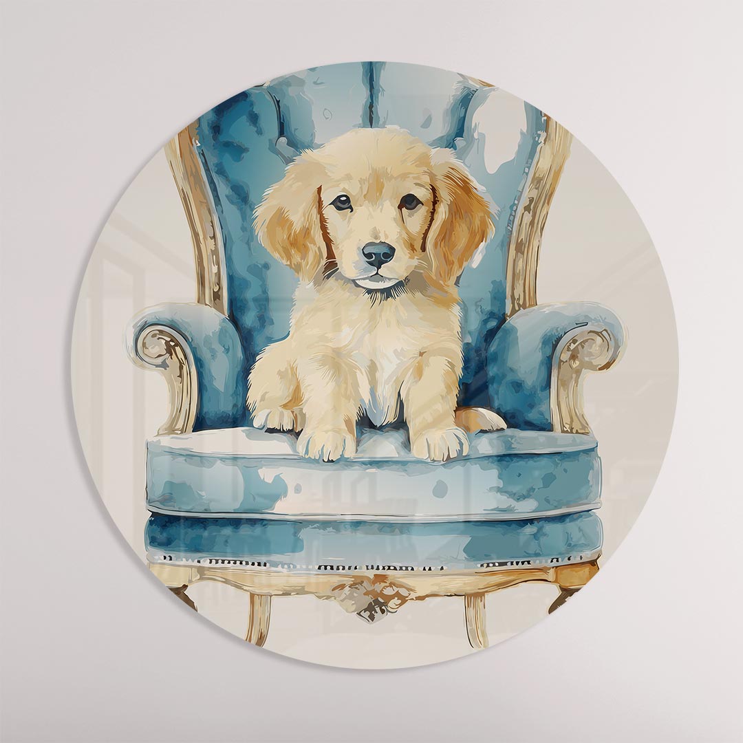 Schattige Puppy op Blauw Barok Stoel Muurcirkel-WallArtistic