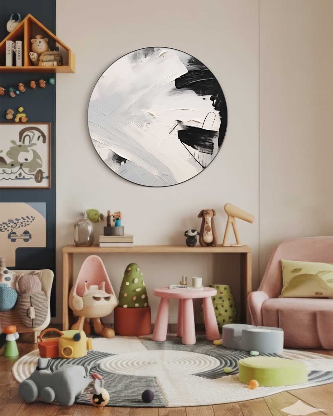 Abstracte Zwart-Wit Muurcirkel-WallArtistic