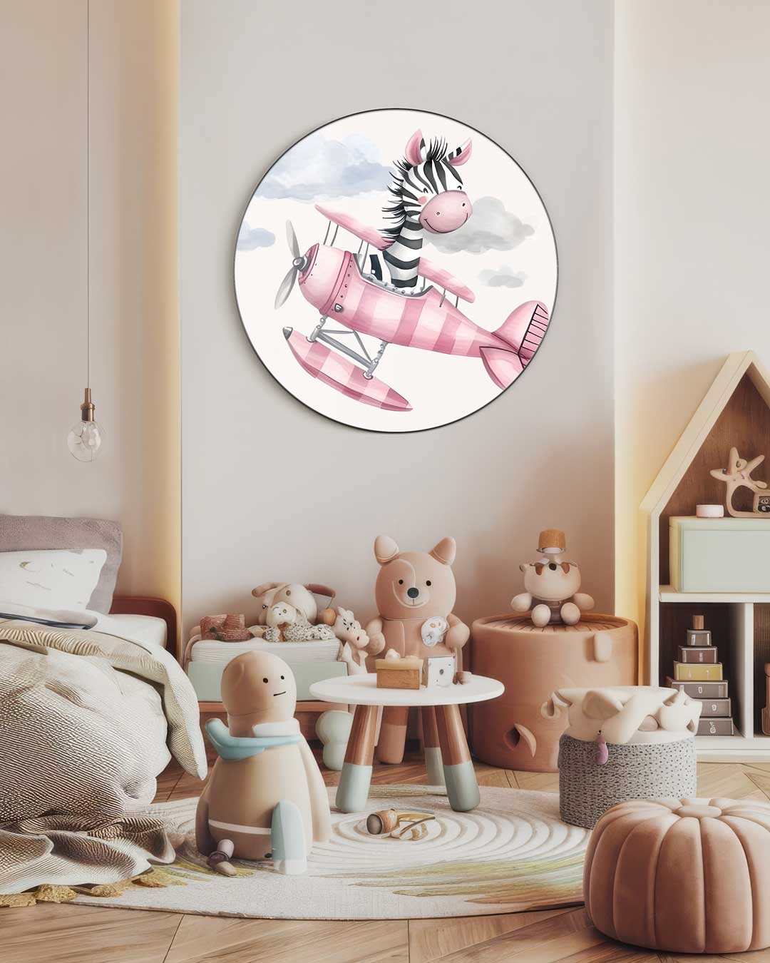 Vrolijke Zebra in Vliegtuig Muurcirkel-WallArtistic