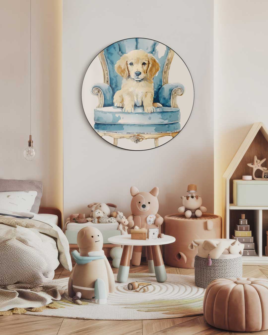 Schattige Puppy op Blauw Barok Stoel Muurcirkel-WallArtistic