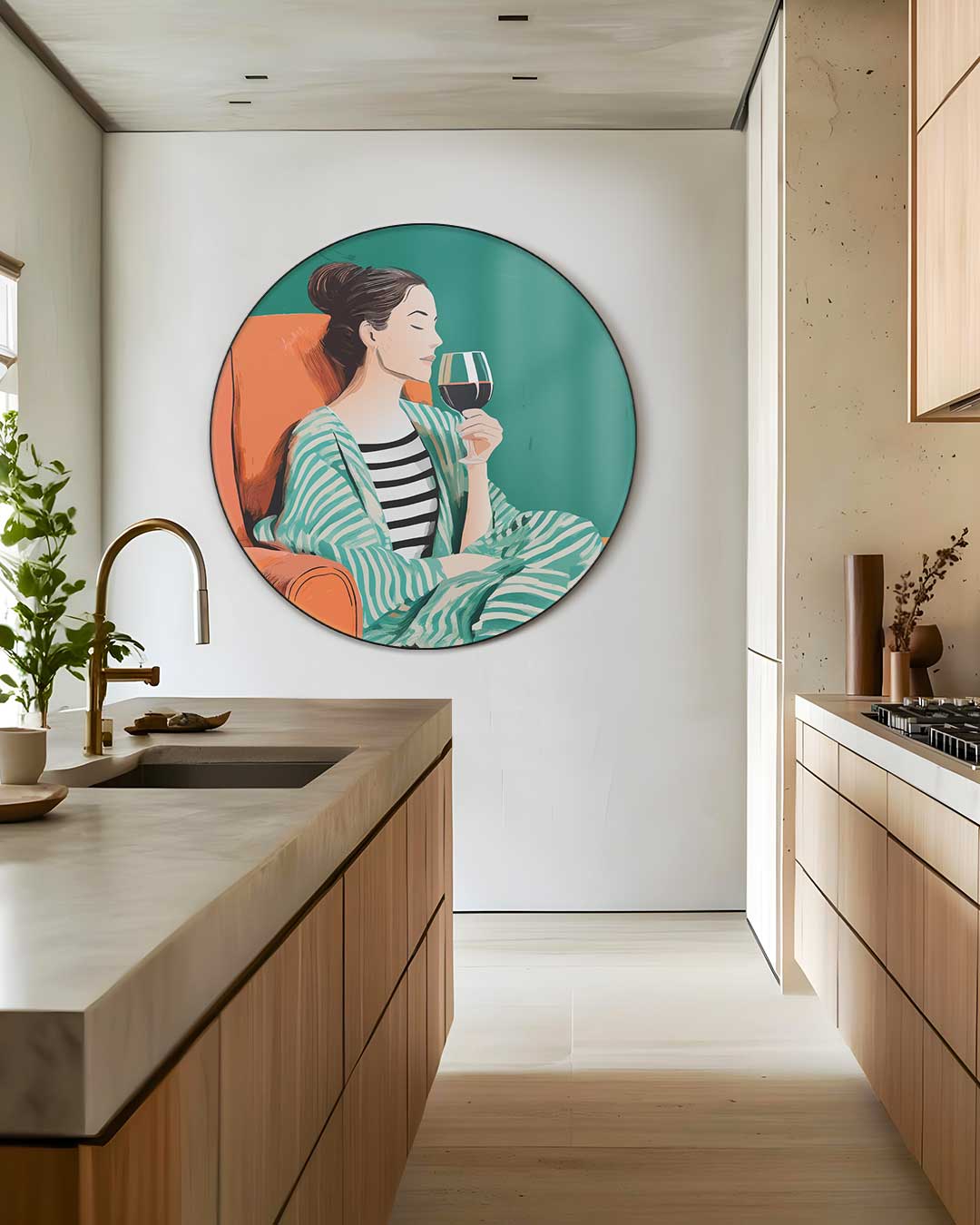 Stijlvolle Vrouw met Glas Wijn Muurcirkel-WallArtistic