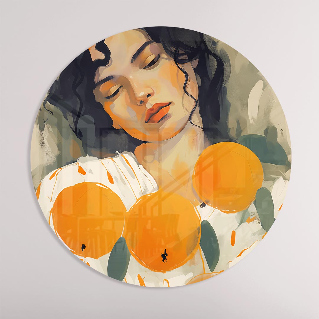 Dromerige Vrouw Met Sinaasappels Muurcirkel-WallArtistic