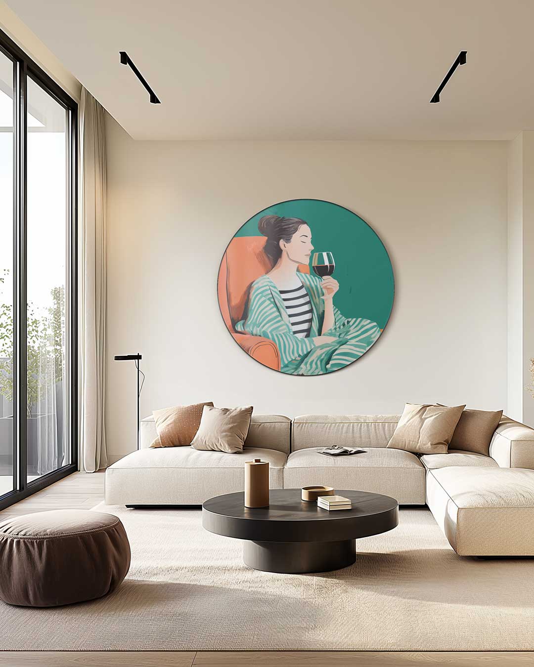 Stijlvolle Vrouw met Glas Wijn Muurcirkel-WallArtistic