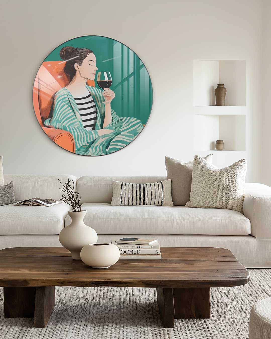 Stijlvolle Vrouw met Glas Wijn Muurcirkel-WallArtistic