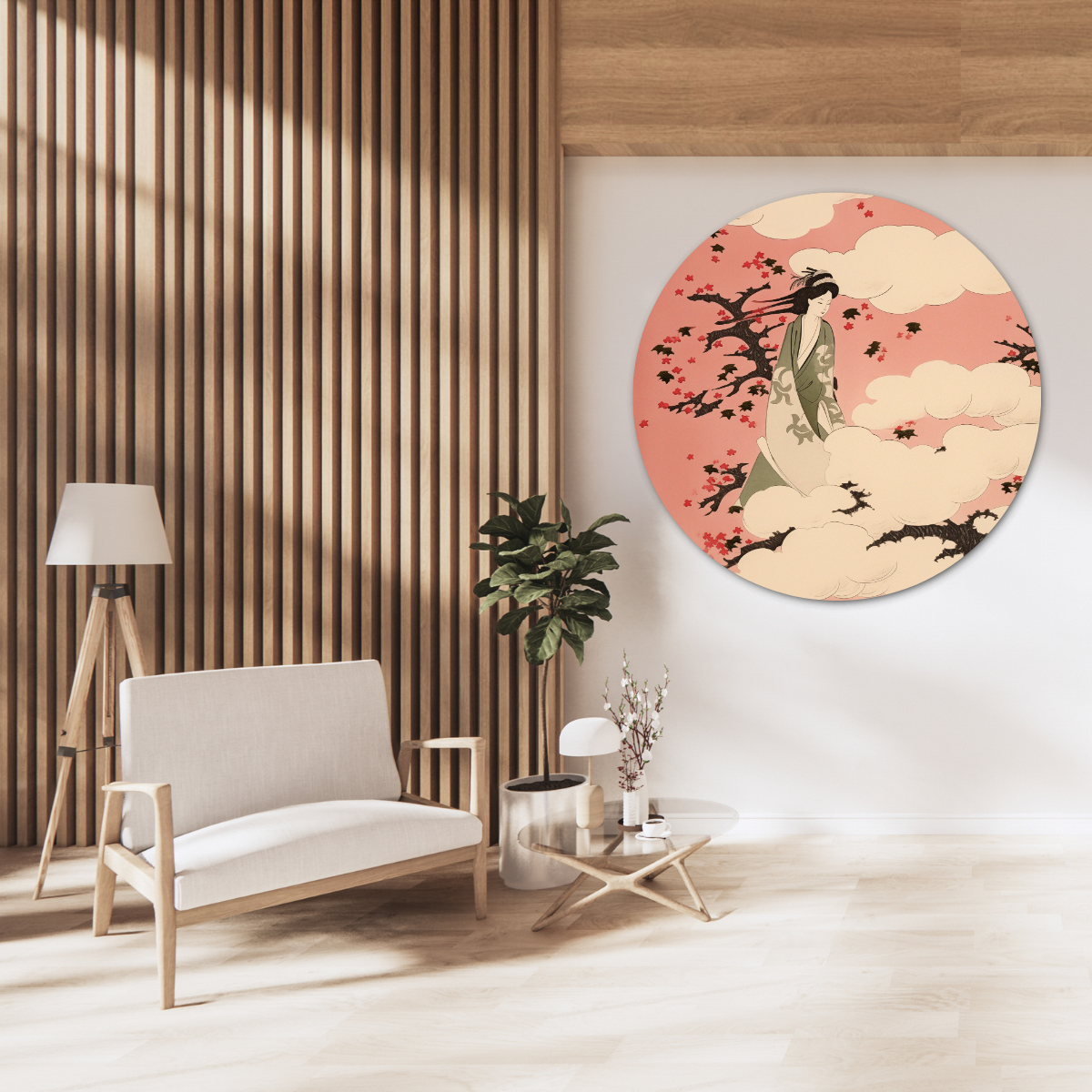 Serenity in Bloom – Japanischer Wandkreis mit Kirschblüte und Kimono