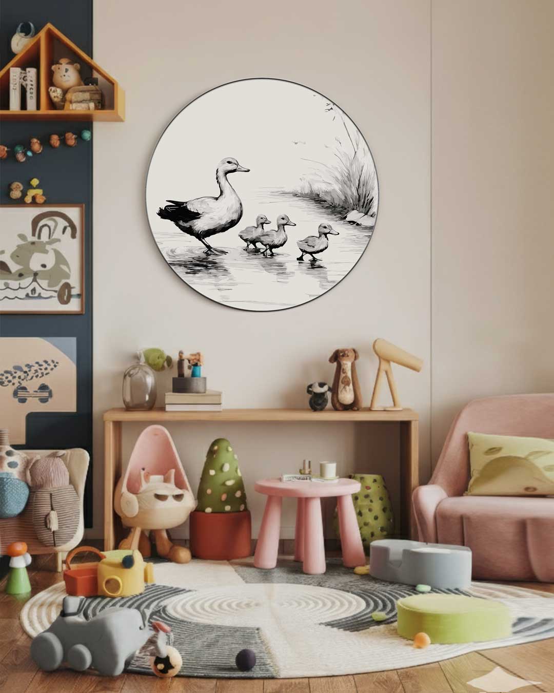Schattige Eendenfamilie Muurcirkel-WallArtistic