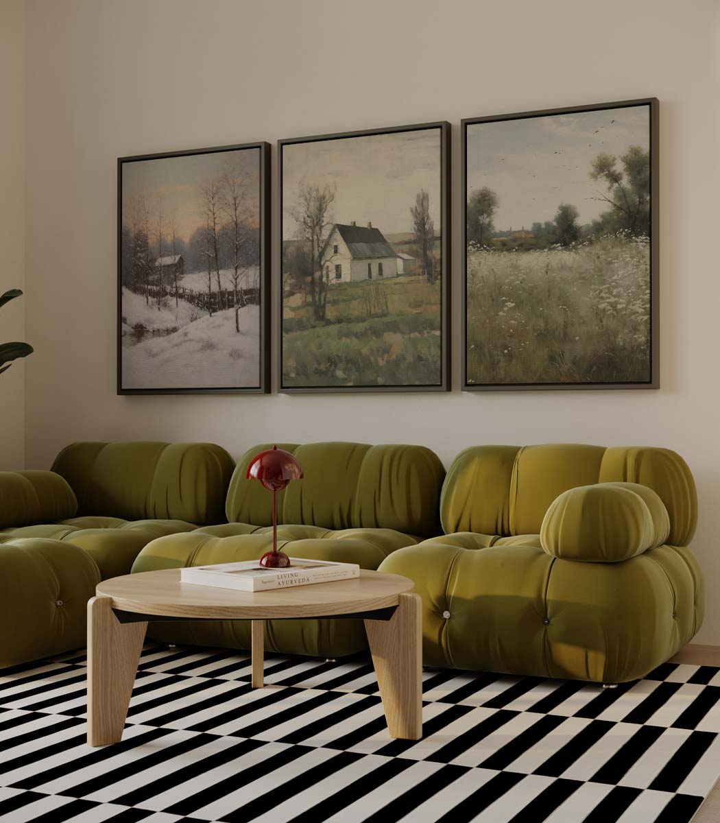 Rustiek landschap in drie seizoenen Kunstwerk-canvas-dibond-plexiglas-wanddecoratie-WallArtistic