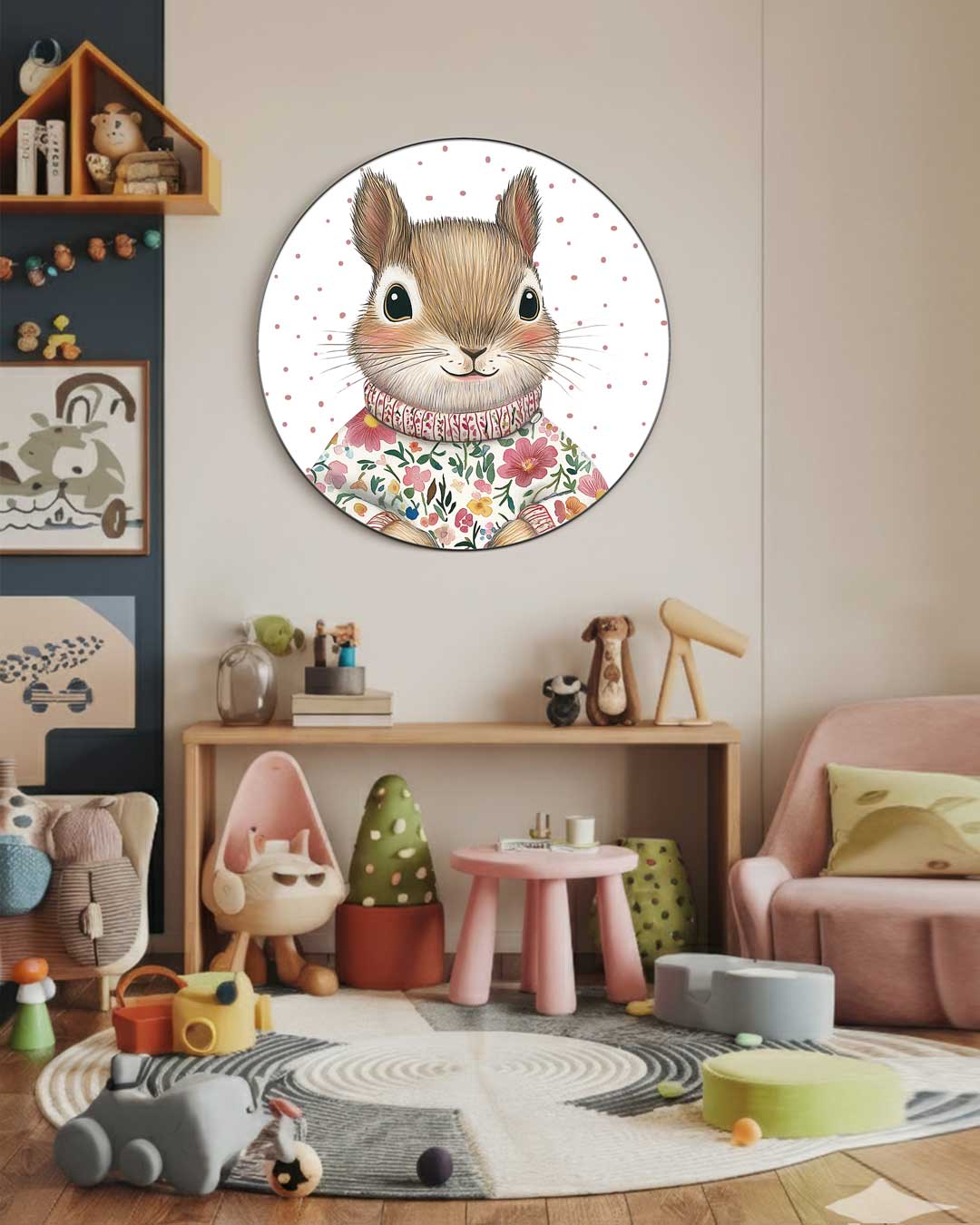 Schattige Bloemen Eekhoorn Muurcirkel-WallArtistic