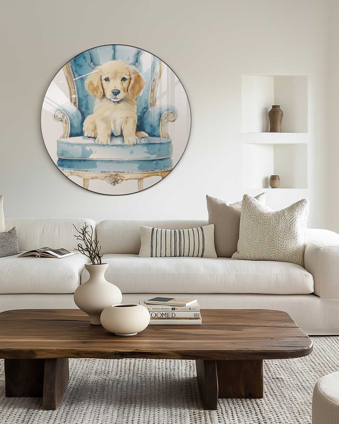 Schattige Puppy op Blauw Barok Stoel Muurcirkel-WallArtistic