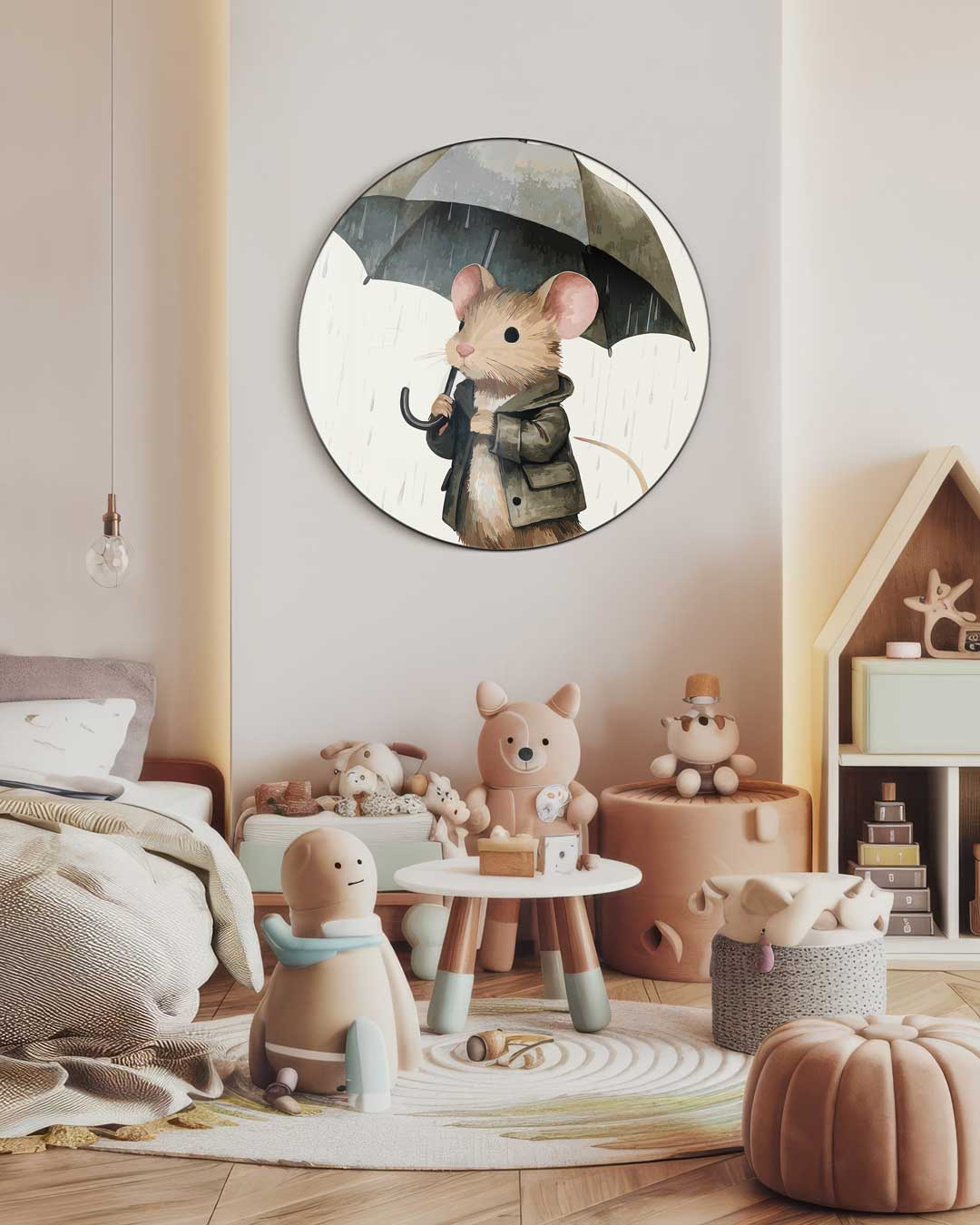 Schattige Muis met Paraplu Muurcirkel-WallArtistic