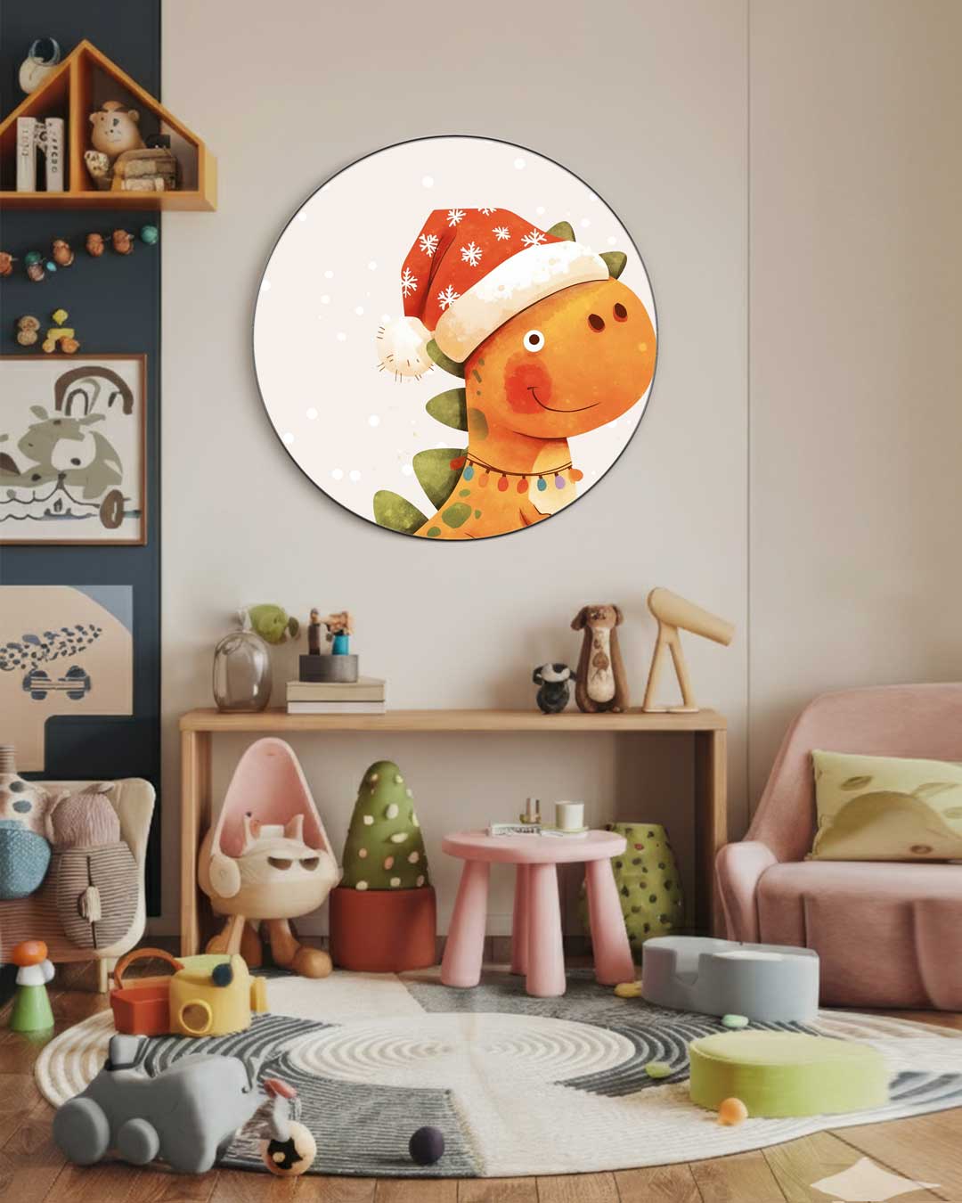 Speelse Kerstdino muurcirkel-WallArtistic