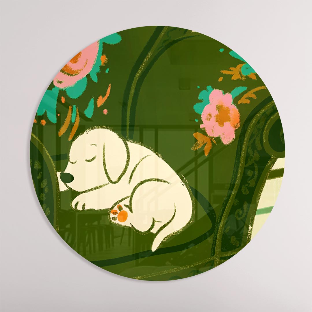 Schattige Slapende Pup op Bloemenstoel Muurcirkel