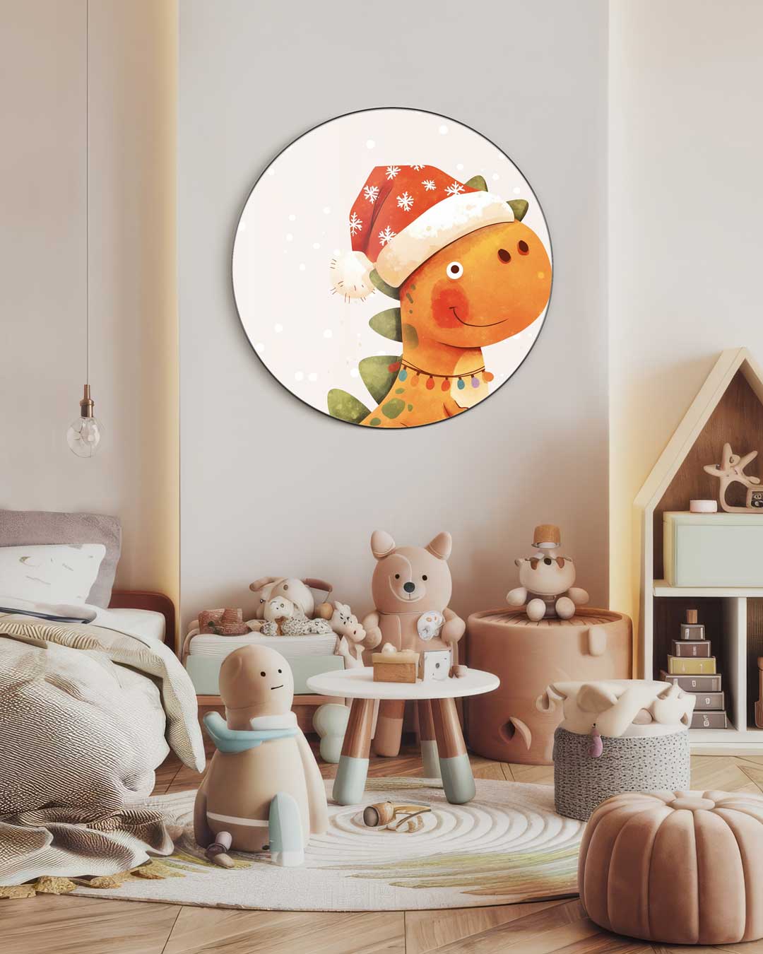 Speelse Kerstdino muurcirkel-WallArtistic