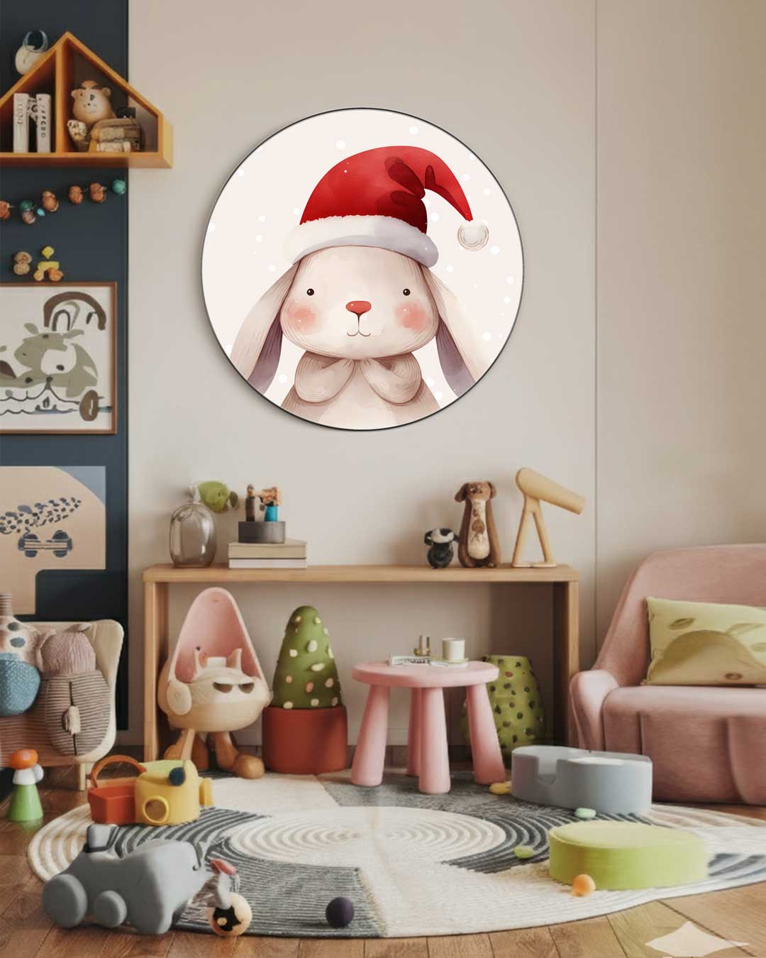 Schattige Kerstkonijn Muurcirkel-WallArtistic
