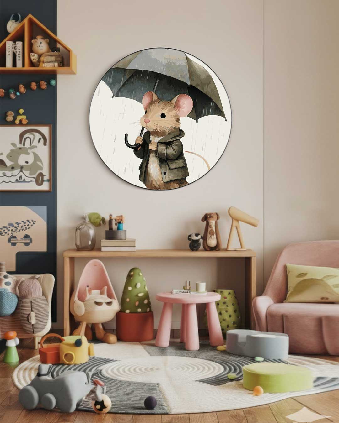Schattige Muis met Paraplu Muurcirkel-WallArtistic