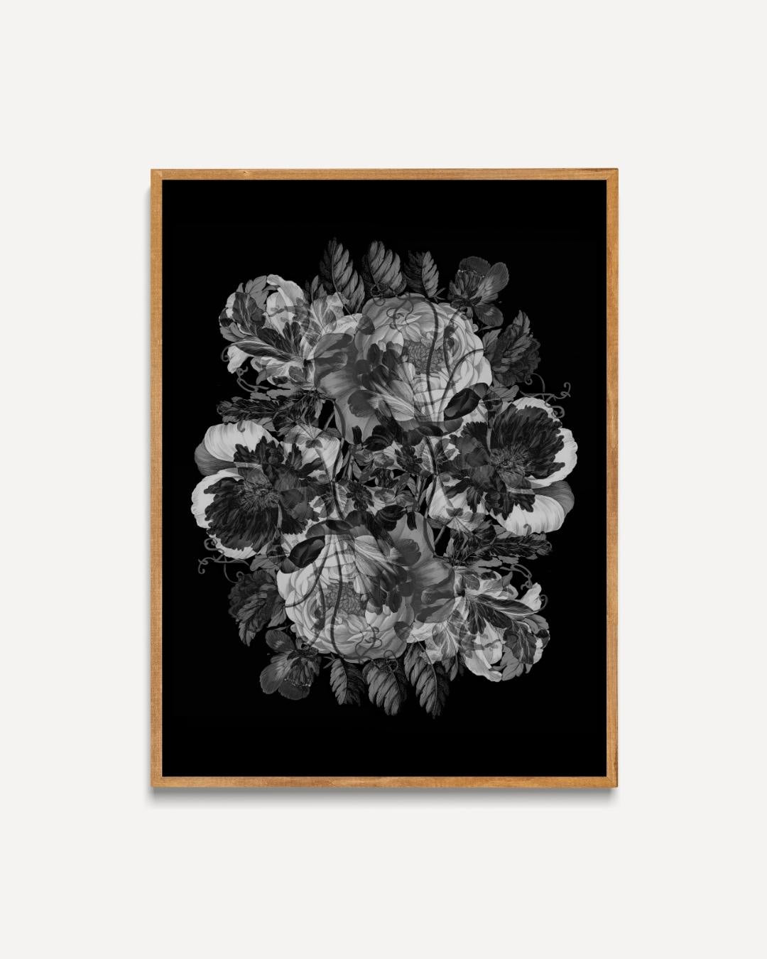 Blumen und Totenköpfe in Schwarz-Weiß-Poster