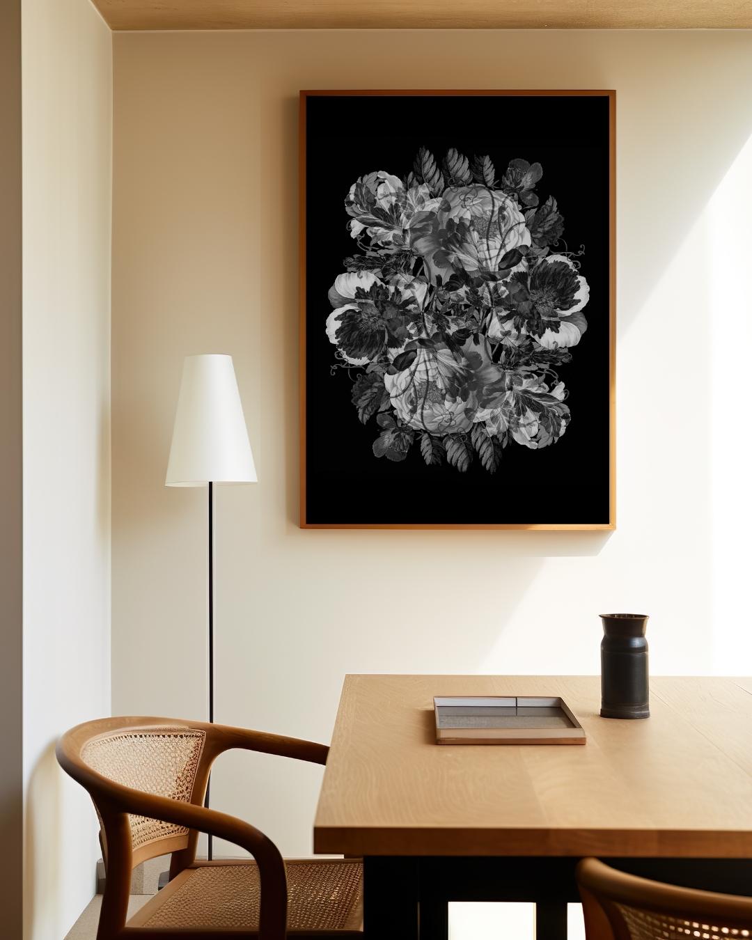 Bloemen en schedels in zwart-wit Poster