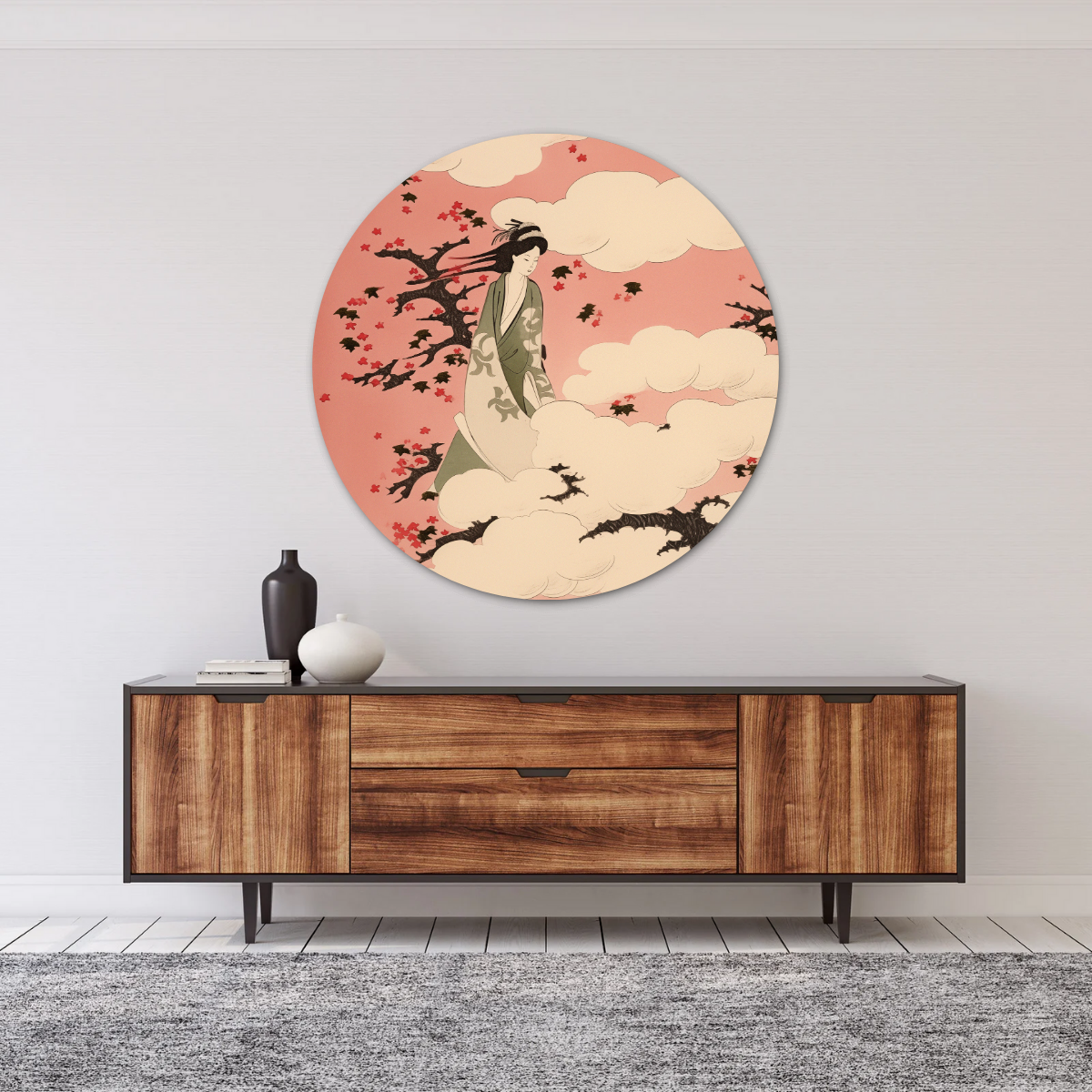 Serenity in Bloom - Japanese Wall Circle with Cherry Blossom and Kimono