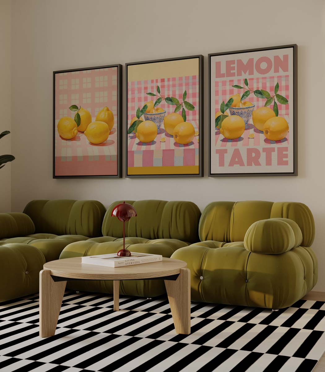 Citroenen op geruite achtergrond met tekst 'LEMON TARTE'
