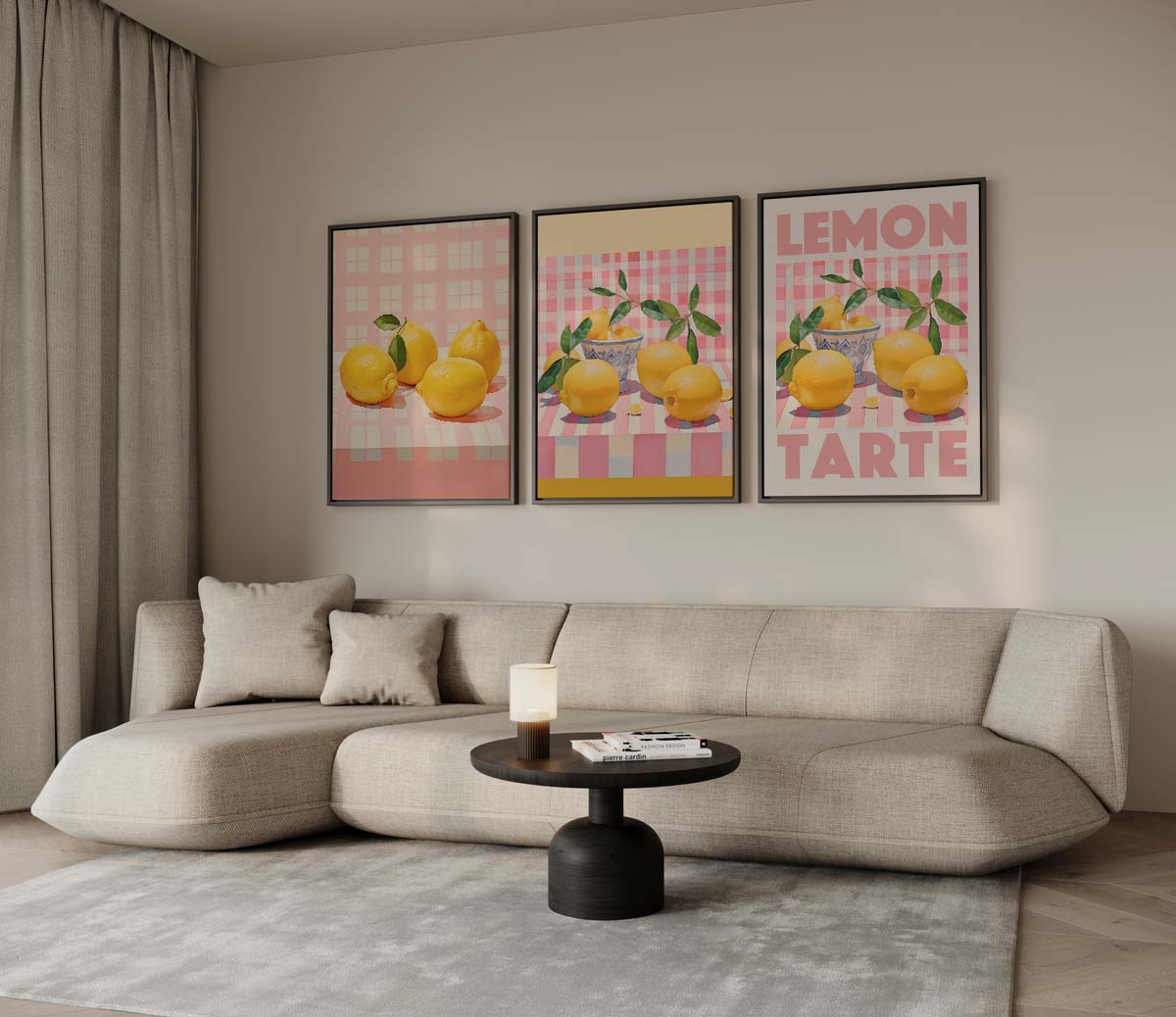 Citroenen op geruite achtergrond met tekst 'LEMON TARTE'