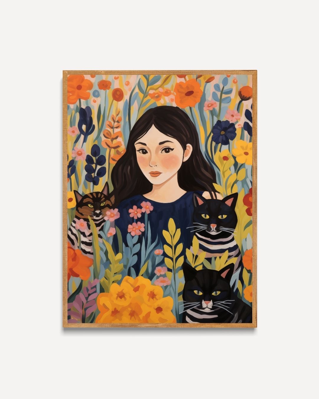 Girl and cats in flower field Poster 