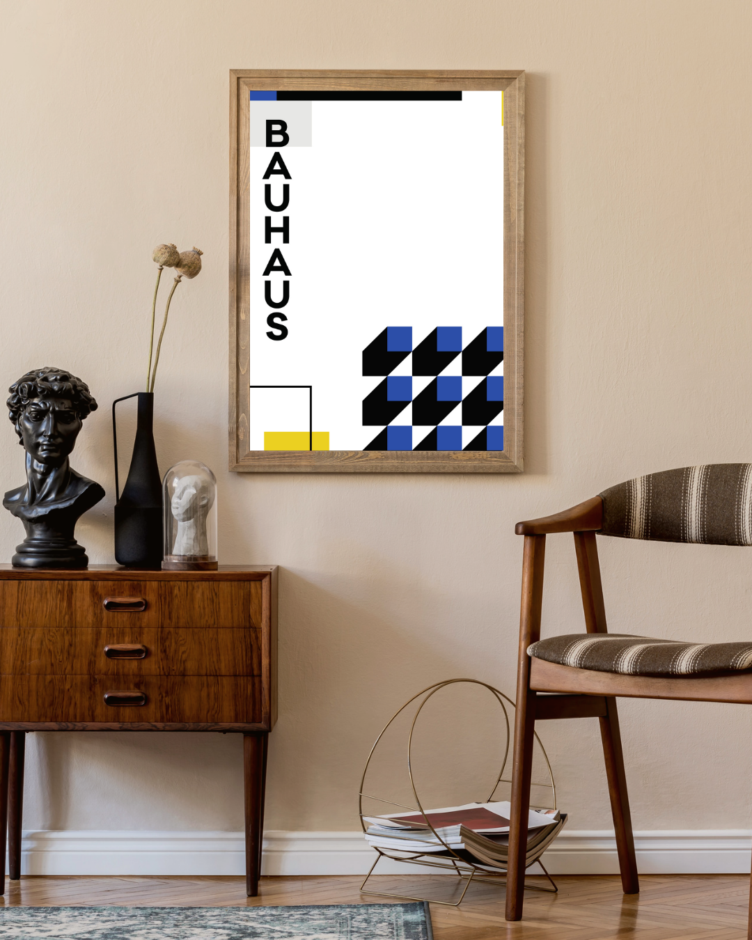 Bauhaus-Plakat mit blauen Blöcken