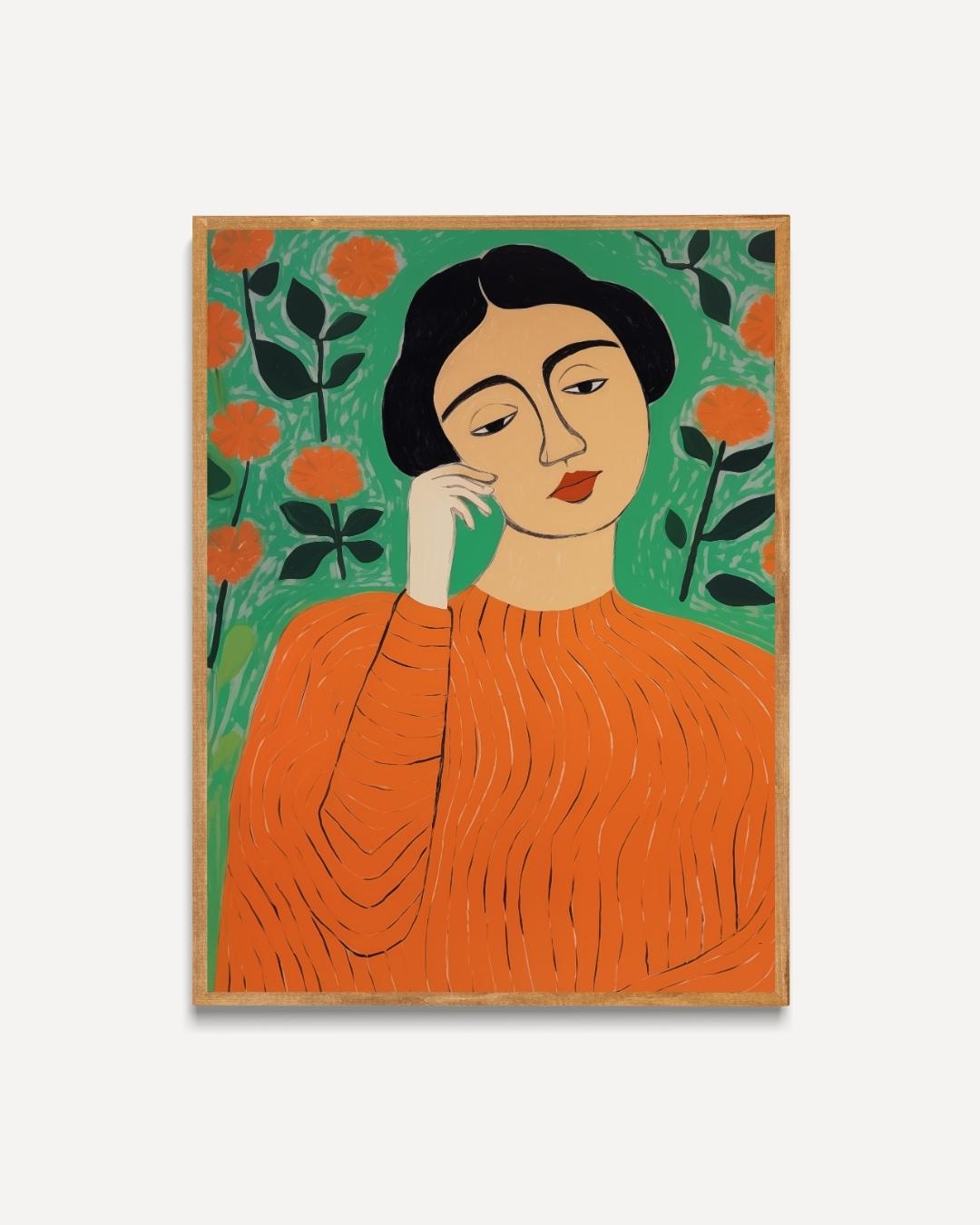 Vrouw met oranje trui en bloemenachtergrond Poster