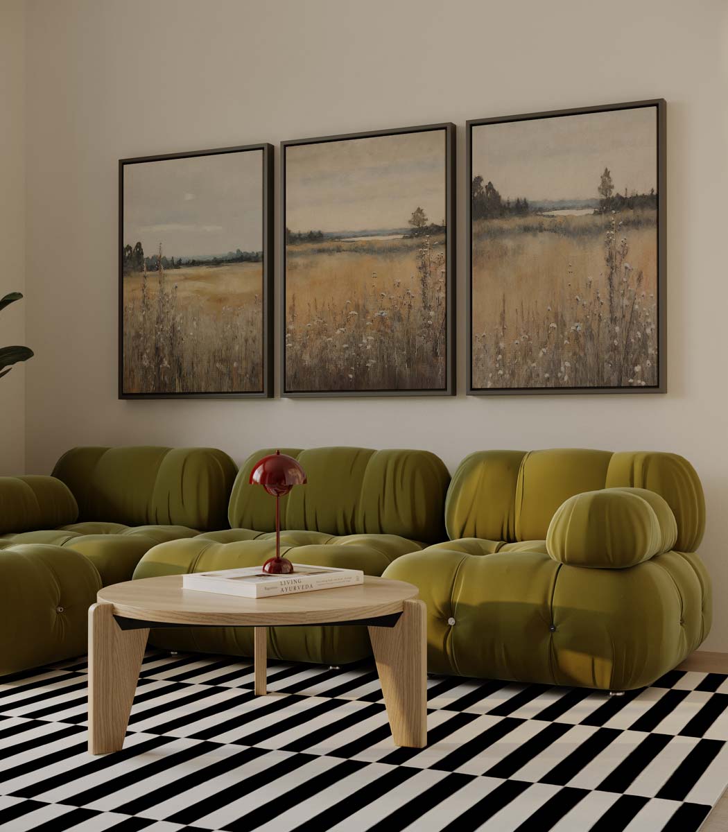 Gele grasvelden in de avondzon Kunstwerk-canvas-dibond-plexiglas-wanddecoratie-WallArtistic