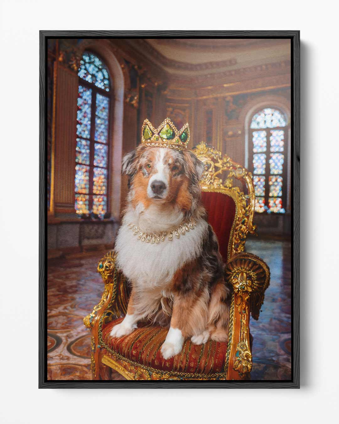 Koninklijke Hond op Gouden Troon Kunstwerk-canvas-dibond-plexiglas-wanddecoratie-WallArtistic