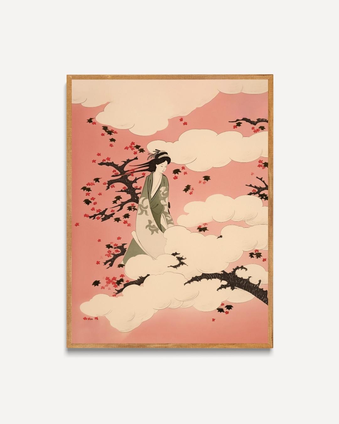 Poster „Japanische Dame in den Wolken“.