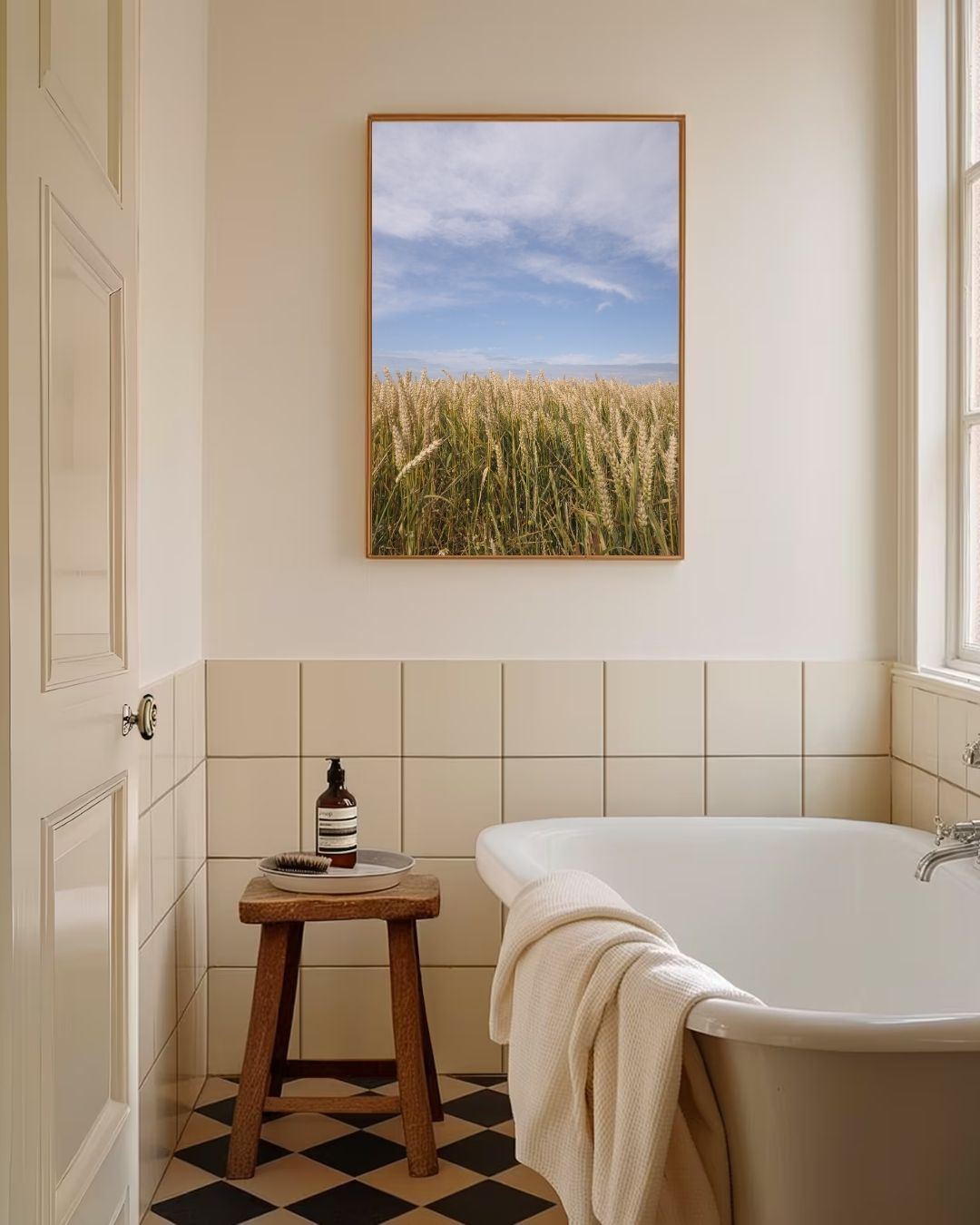 Wheat field under blue sky Poster