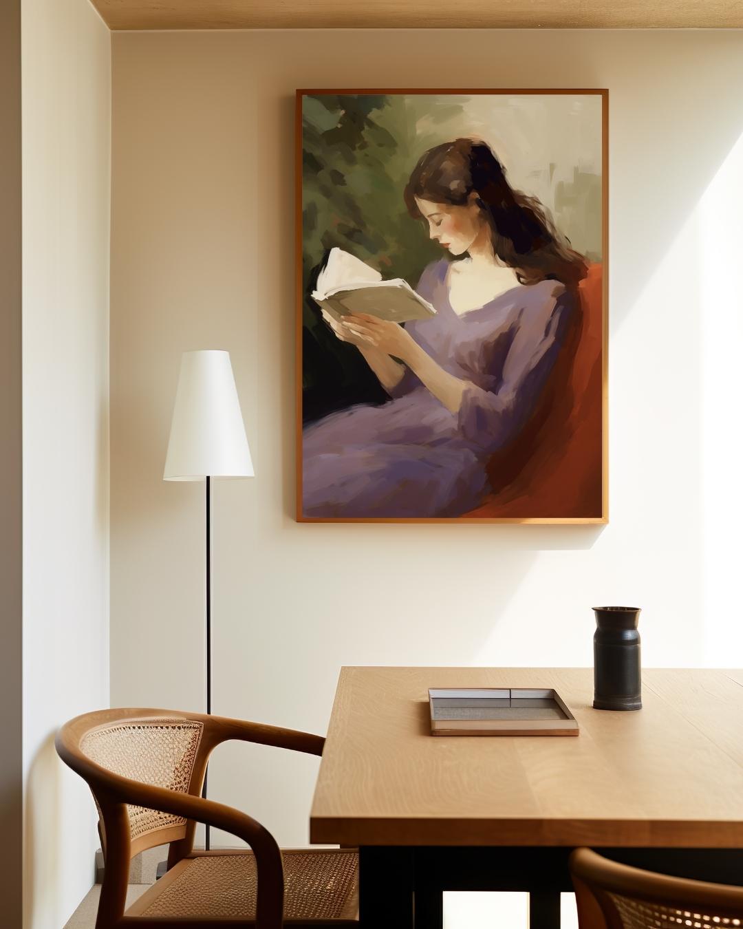 Reading woman in purple dress Poster