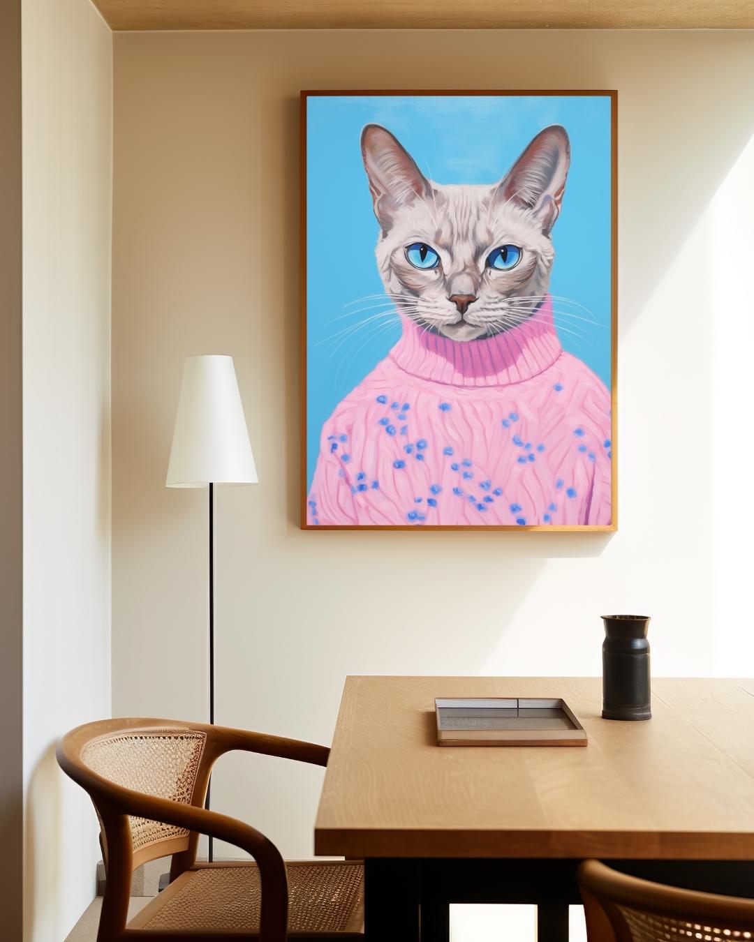 Stylish cat in pink sweater Poster