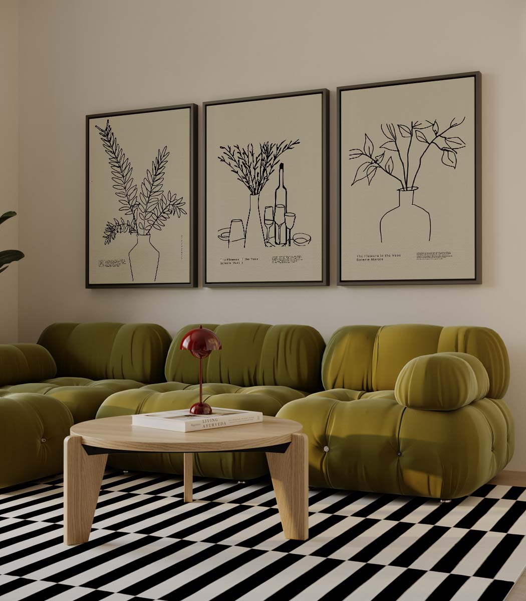 Botanische lijnkunst in vaas Kunstwerk-canvas-dibond-plexiglas-wanddecoratie-WallArtistic