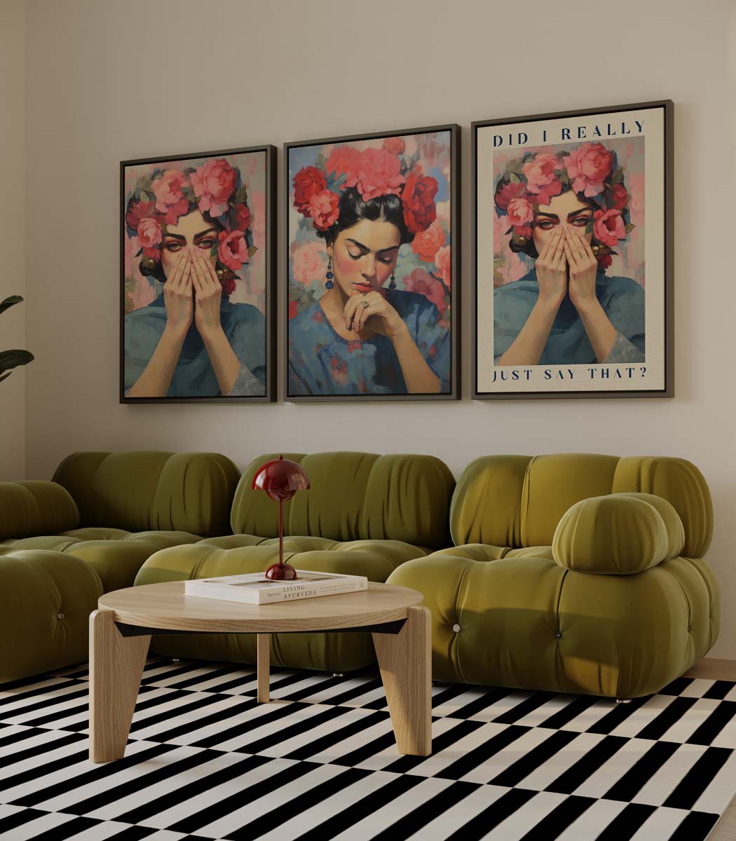 Vrouw met bloemenkroon, tekst 'DID I REALLY JUST SAY THAT?'