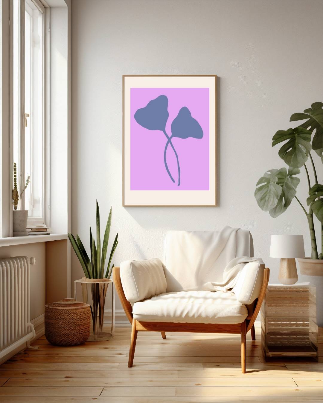 Minimalistisch blauw blad op roze Poster