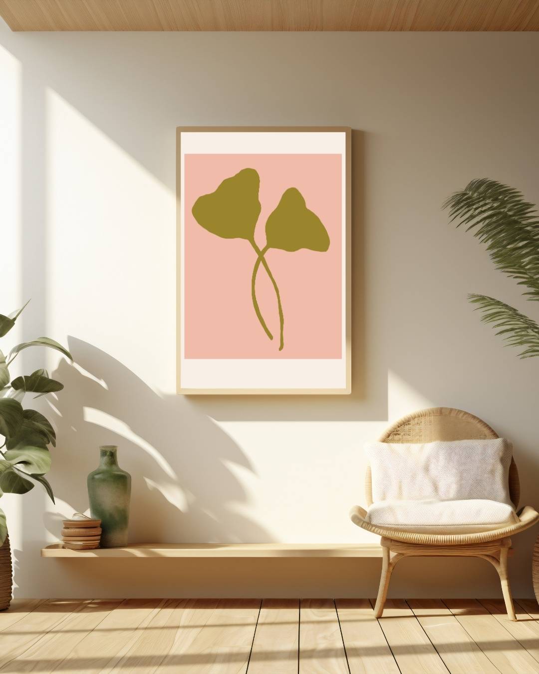 Groen blad op zachte roze achtergrond Poster