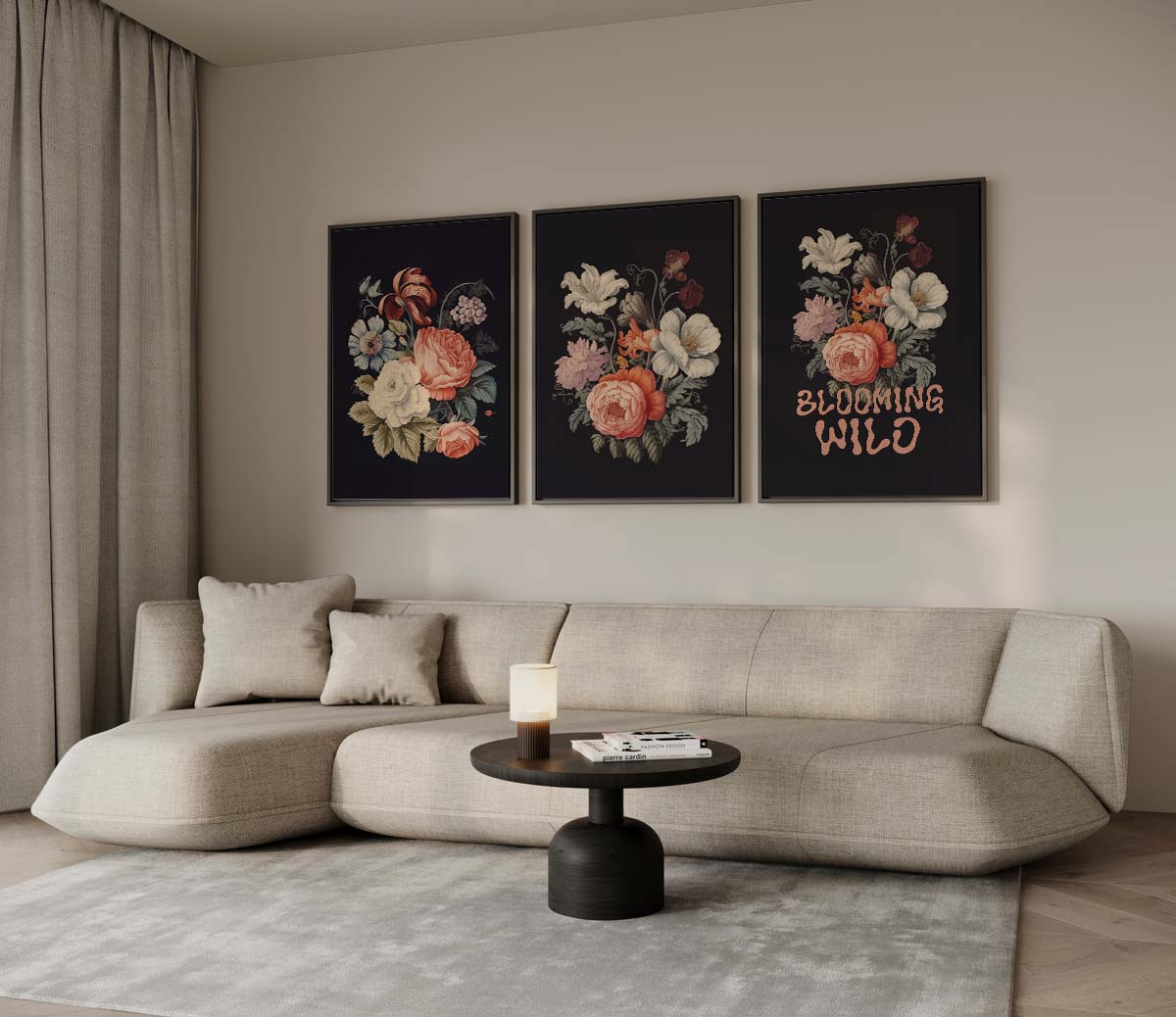Bloemen op zwarte achtergrond met 'BLOOMING WILD'