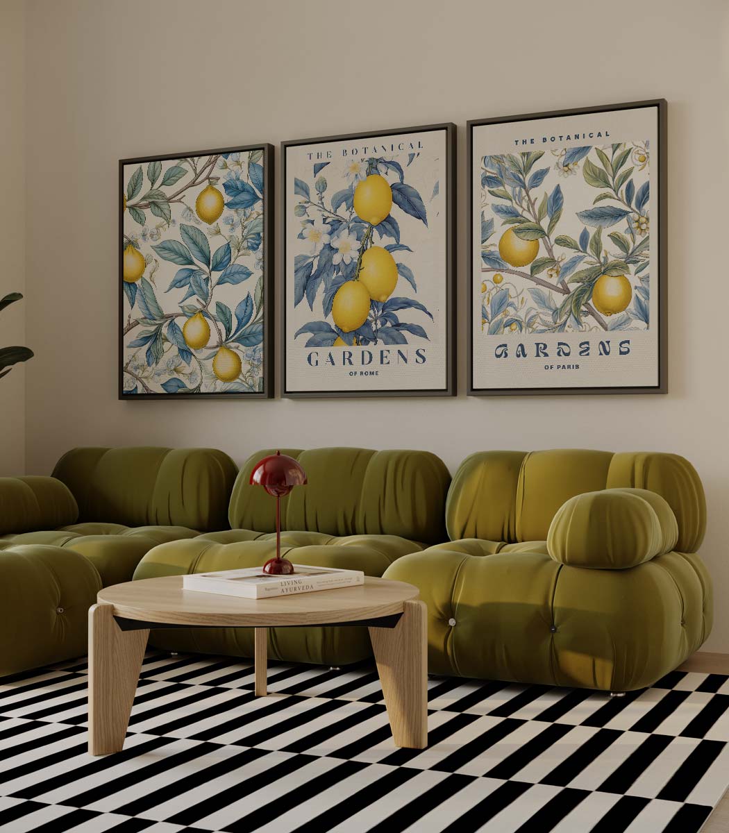 Botanische citroendrieluik met tekst 'THE BOTANICAL GARDENS'