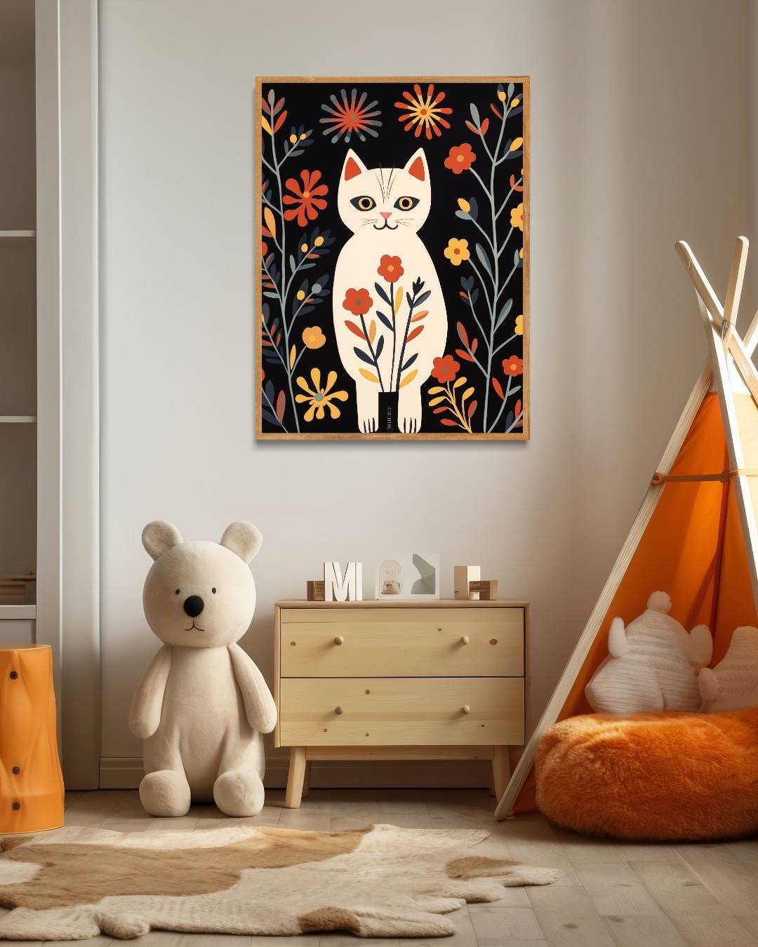 Vintage kat en bloemen Poster