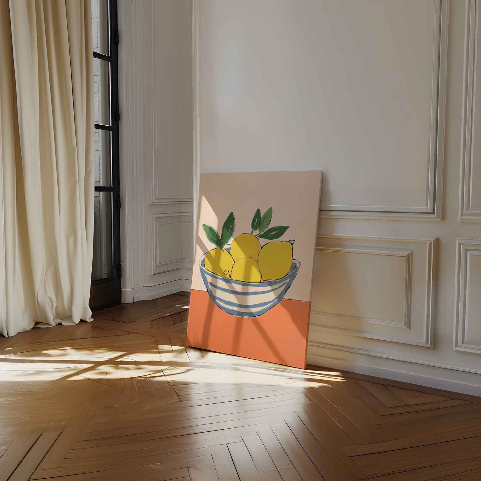 Citroenen in blauwe kom op oranje ondergrond Kunstwerk-canvas-dibond-plexiglas-wanddecoratie-WallArtistic